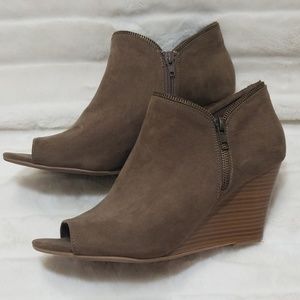 Report Brown Open Toe Wedge Booties